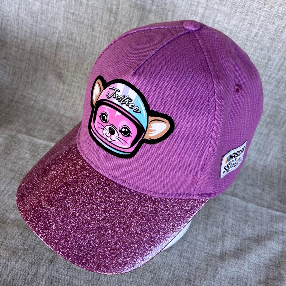 Justice NASCAR Baseball Hat OSFM Purple Glitter Cat Racing Cap